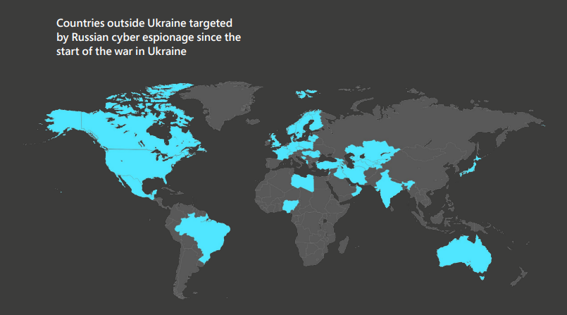 Grafika przedstawia mapę krajów zagrożonych rosyjskimi cyberatakami